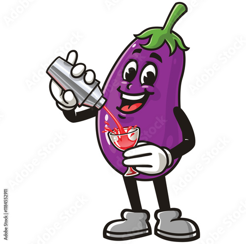Eggplant is making cocktail,       Cartoon Character Mascot Illustration Vector Clip-art Hand-drawn Logo Design