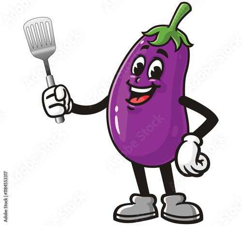 Eggplant holding a spatula,      Cartoon Character Mascot Illustration Vector Clip-art Hand-drawn Logo Design