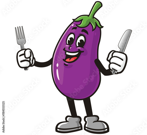 Eggplant with fork and knife,      Cartoon Character Mascot Illustration Vector Clip-art Hand-drawn Logo Design