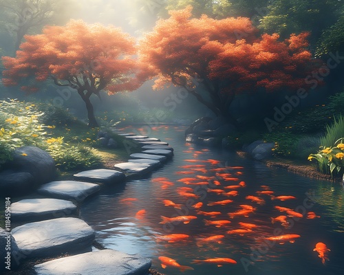 Serene koi pond with stepping stones and autumn trees. photo