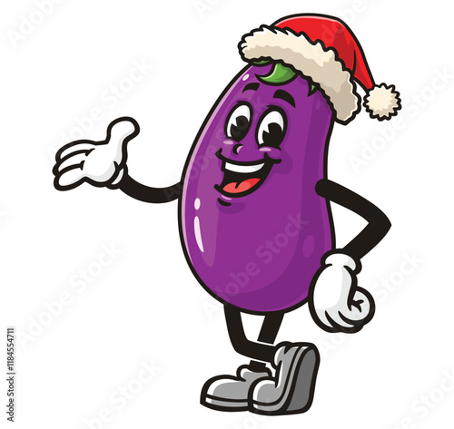 Eggplant wearing a christmas hat,         Cartoon Character Mascot Illustration Vector Clip-art Hand-drawn Logo Design