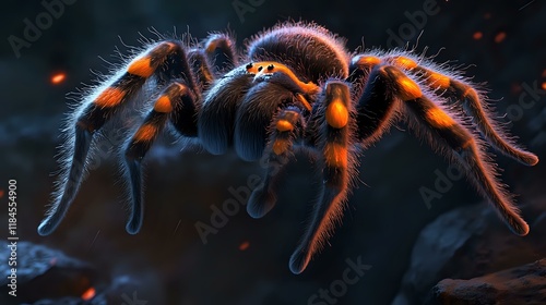 A digital closeup of a tarantula with detailed hairy legs and a vibrant orange and black pattern, set against a dark mysterious backdrop, focused and well-lit photo