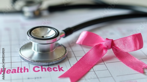 A calendar page marked with a date circled in pink and labeled 'Health Check,' next to a stethoscope and a small pink ribbon, encouraging early detection and regular screening