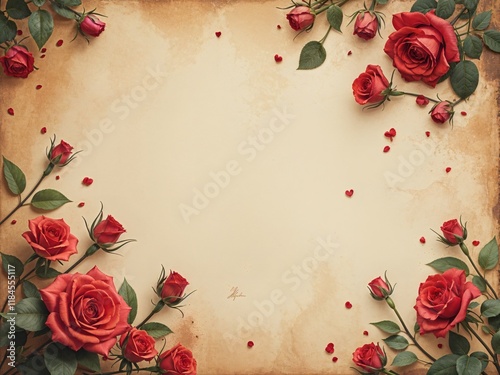 vintage floral background with red roses scattered on old paper with subtle texture and fading colors with copy space with empty space no text no word no character no logo no letters no text