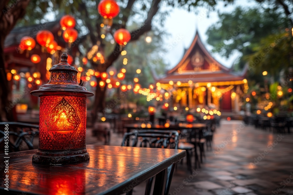 A traditional Thai ubosot illuminated by soft lights during a full moon night, creating a peaceful and mystical atmosphere