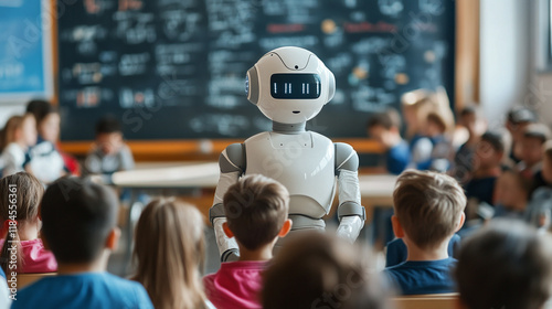 Robot standing in elementary or primary kindergarten school classroom full of toddler preschool boys and girls. kids or children education, ai artificial intelligence teacher, futuristic technology.