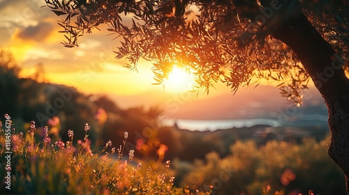 Sunset light filtering through an olive tree, soft and warm Mediterranean vibe 
