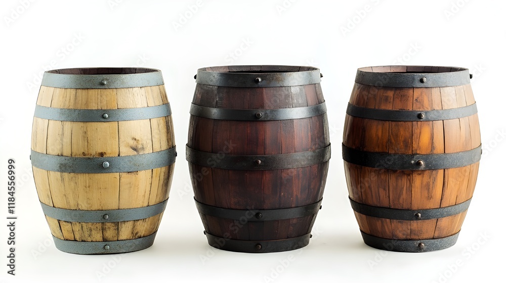Wooden barrels, whiskey casks, oak barrels, different wood tones, rustic, vintage, cylindrical shapes, metal bands, brewery, winery, distillery, artisanal craftsmanship, photorealistic, studio Wooden barrels, whiskey casks, oak barrels, different wood tones, rustic, vintage, cylindrical shapes, metal bands, brewery, winery, distillery, artisanal craftsmanship, photorealistic, studio