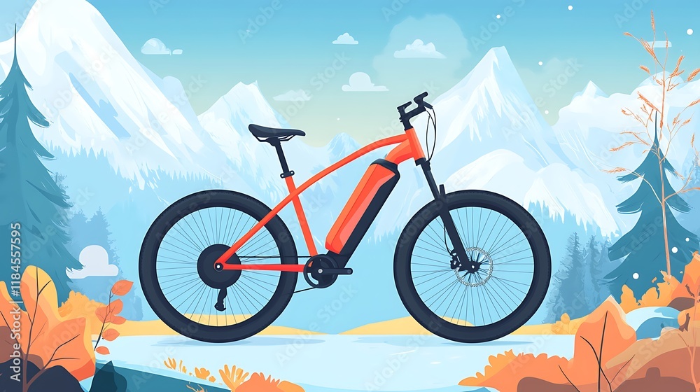 Fototapeta premium E-bike in snowy mountains, autumn forest background, adventure travel