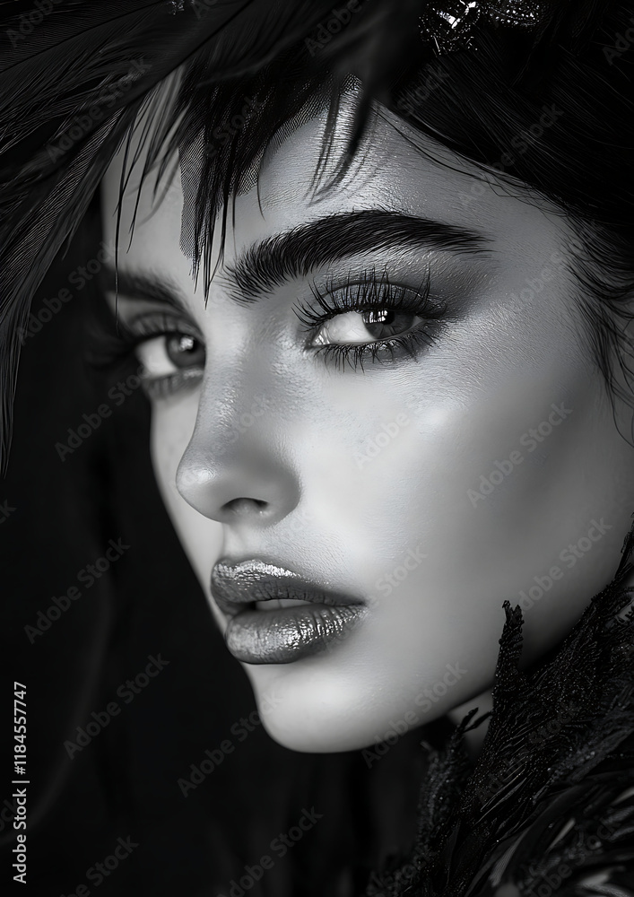 Close-up of a black-haired woman, photography model in studio, black and white photography Close-up of a black-haired woman, photography model in studio, black and white photography