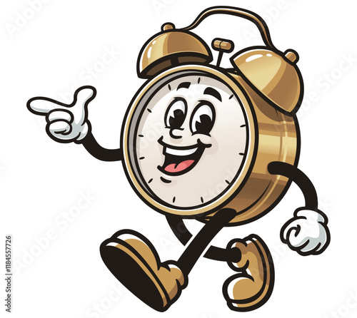 Walking Alarm Clock without clock hands,       Cartoon Character Mascot Illustration Vector Clip-art Hand-drawn Logo Design