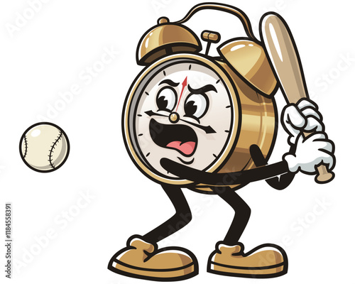 Alarm Clock playing baseball,      Cartoon Character Mascot Illustration Vector Clip-art Hand-drawn Logo Design