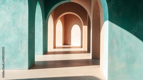 Architectural passageway with teal and beige arches