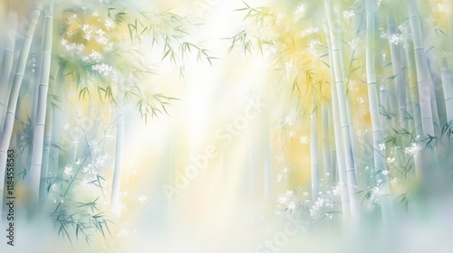 Serene bamboo forest, soft light, delicate blossoms
