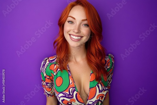 Smiling Woman in a Colorful Dress Against a Purple Background photo