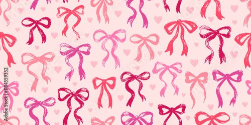 Bow ribbon seamless pattern. Cute pink bow ribbon print background. Vector crayon hand drawn pattern. Valentine's day girl gift illustration. Brush vintage cute pink seamless print watercolor heart bg