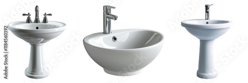 A set of modern white ceramic pedestal sink with chrome faucet, ideal for minimalist bathrooms and contemporary interior design.