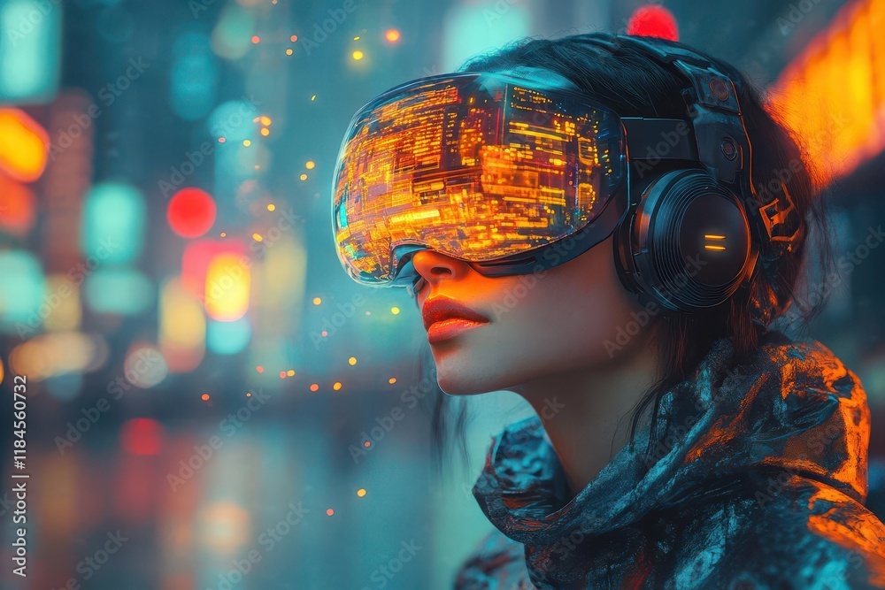cyberpunk street scene with person wearing glowing neural interface headset holographic displays floating in neonlit urban environment cyberpunk street scene with person wearing glowing neural interface headset holographic displays floating in neonlit urban environment