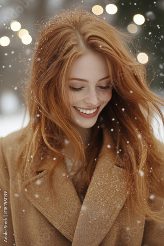 Portrait of a beautiful, smiling woman with long, red hair wearing a beige coat, with snow falling outside and bokeh lights in the background. Valentine's Day concept.