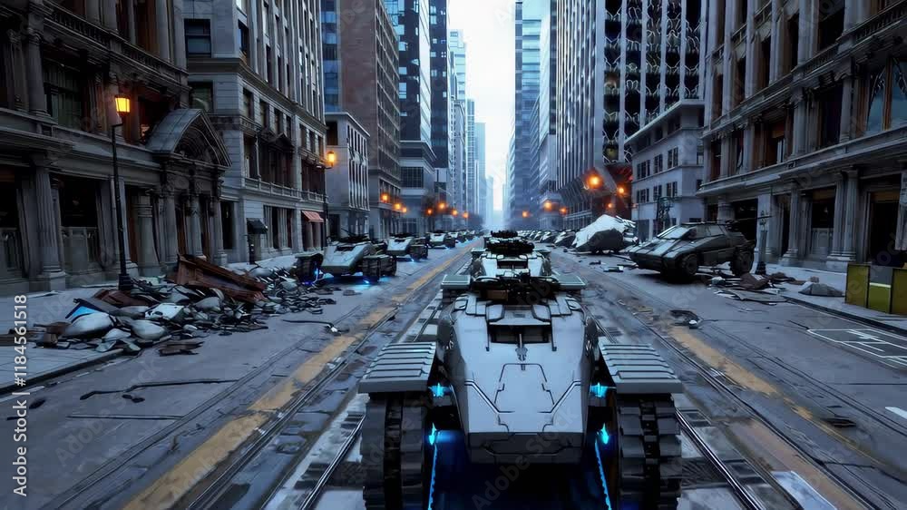Robotic tanks advancing down a debris-filled city street with segmented armor, glowing blue targeting systems, and crumbling skyscrapers in the background.
Robotic tanks advancing down a debris-filled city street with segmented armor, glowing blue targeting systems, and crumbling skyscrapers in the background.