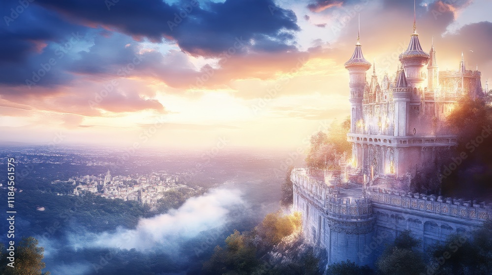 Naklejka premium Sunset Majesty: Fairytale Castle Above Misty Kingdom