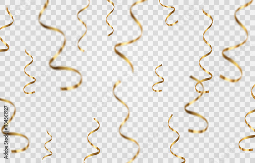 Vector realistic gold serpentine, falling spiral serpentine isolated on png background. Vector flying luxury serpentine pieces. Falling curly ribbons, festive decor elements for party, birthday photo