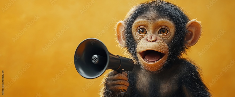 Fototapeta premium Cute chimpanzee holding megaphone, announcing.