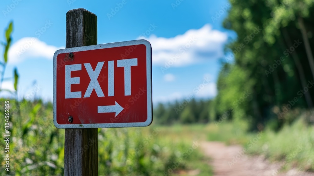 A red exit sign directing towards a path in a natural setting. A red exit sign directing towards a path in a natural setting.