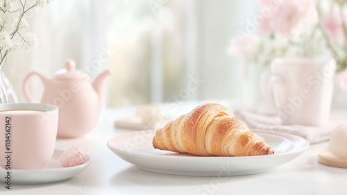 Cozy morning breakfast with croissant and tea in soft pastel setting