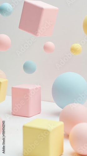 Floating Toy-Like 3D Shapes, Cubes and Spheres in Pastel Baby Pink, Baby Blue, and Yellow – Phone Wallpaper HD photo