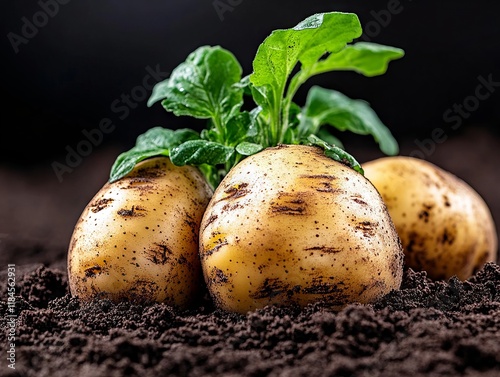 Three potatoes in soil photo