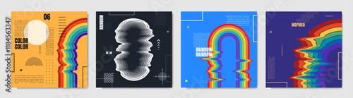 Vector illustration. Twisted rainbow shape with memphis pattern geometric elements. Design elements for web banner, social media template, blog post. Retro futuristic art design. Distorted boho arch