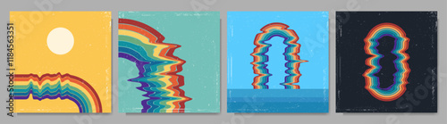 Vector illustration. Twisted rainbow shape background. Design elements for social media, web banner, blog post. Retro old fashioned style. Distorted boho arch with scratched texture. Wall art decor