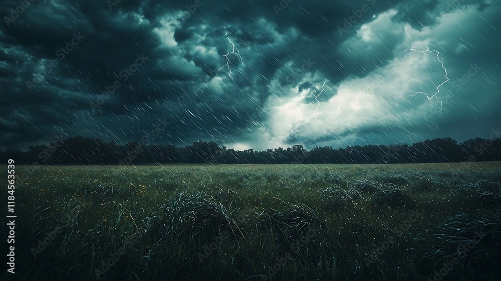 Fototapeta premium Stormy Field: Dramatic Rain and Lightning Landscape