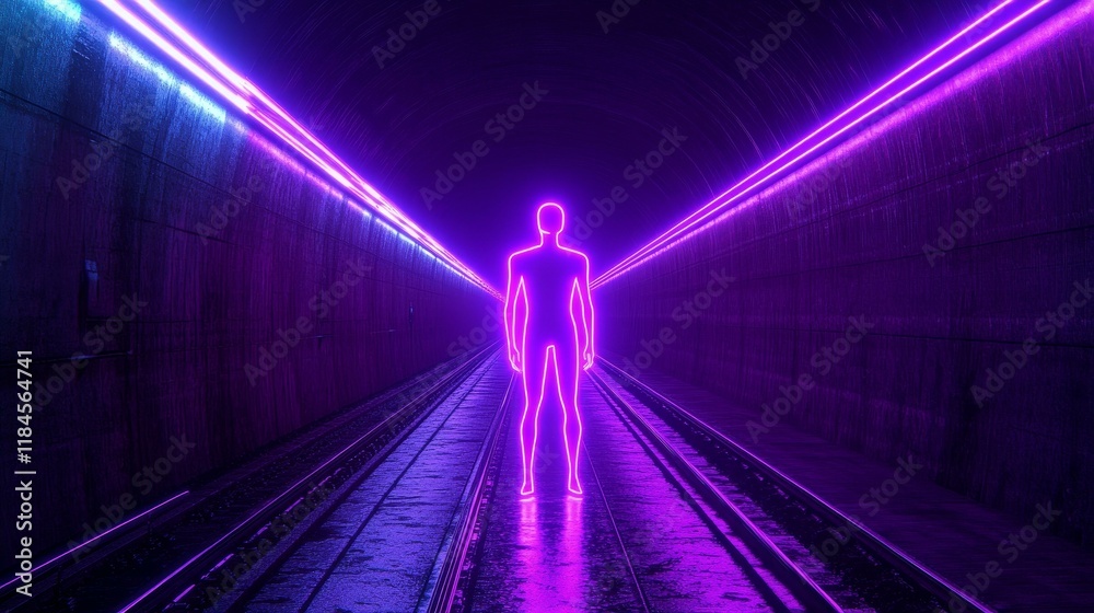 Neon Silhouette Figure in a Futuristic Tunnel Neon Silhouette Figure in a Futuristic Tunnel