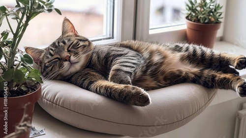 Tabby cat sleeps cute pillow concept. A relaxed tabby cat snoozes on a cozy bed near a sunny window, surrounded by potted plants. photo