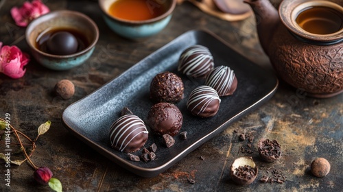 Pu-erh tea chocolate truffles, rich and earthy flavors blended in a decadent dessert photo