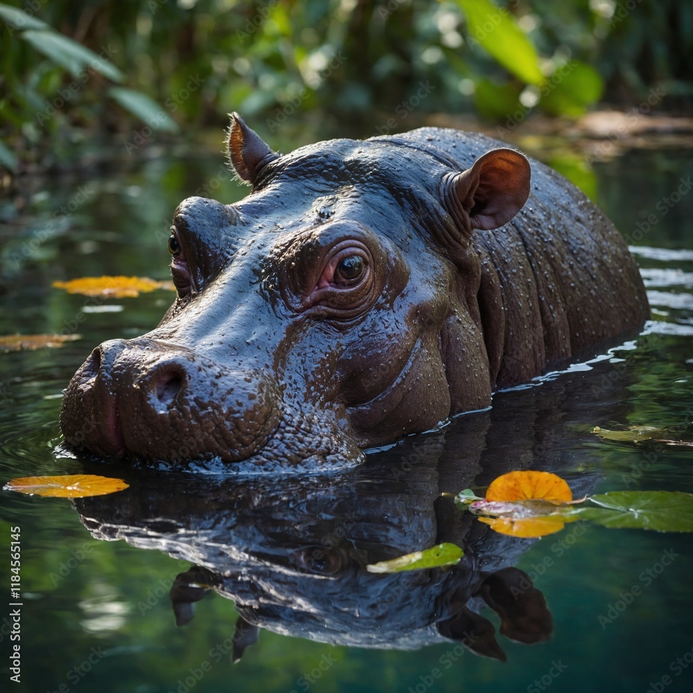 Fototapeta premium A pygmy hippopotamus in a bright, tropical jungle pool with multicolored reflections.