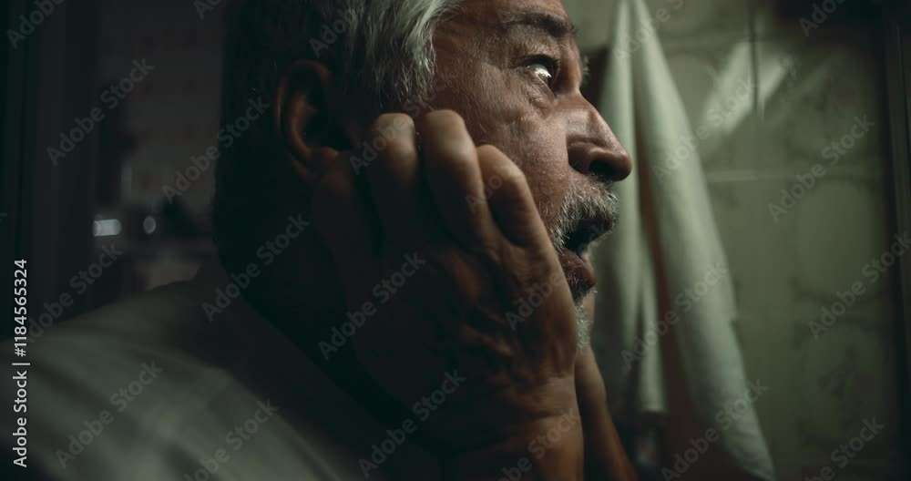 Elderly man cupping his face in his hands, overwhelmed with grief and a sense of hopelessness, as he stares upward in a moment of silent anguish and reflection Elderly man cupping his face in his hands, overwhelmed with grief and a sense of hopelessness, as he stares upward in a moment of silent anguish and reflection