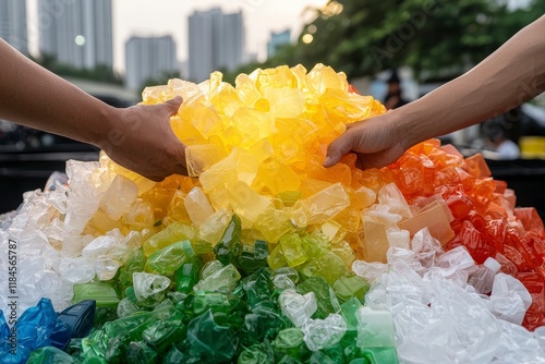 Climate action community efforts concept. Colorful ice pile being shared by two hands in an outdoor setting. photo