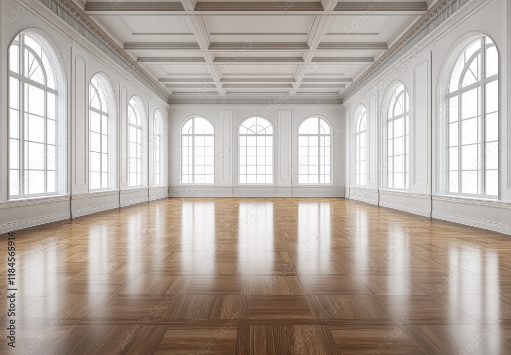Obraz premium A large, empty room with white walls and wooden floors