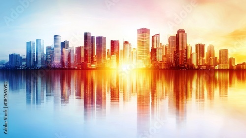 Climate action community efforts concept. Vibrant city skyline at sunset with reflections on water.