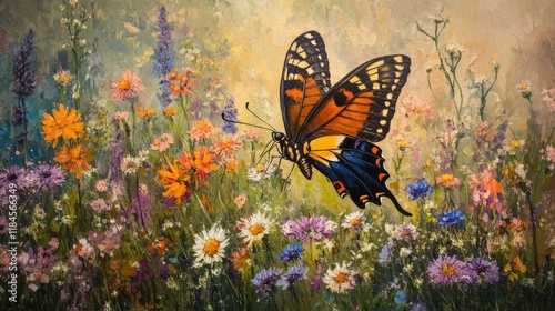 A butterfly exploring a patch of wildflowers, with various blooms creating a lively and colorful scene.