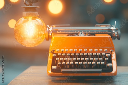 A writer desk illuminated by a vintage desk lamp, with a typewriter in the spotlight