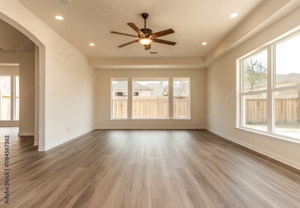 custom made wallpaper toronto digitalA large open living room with a wooden floor and a ceiling fan