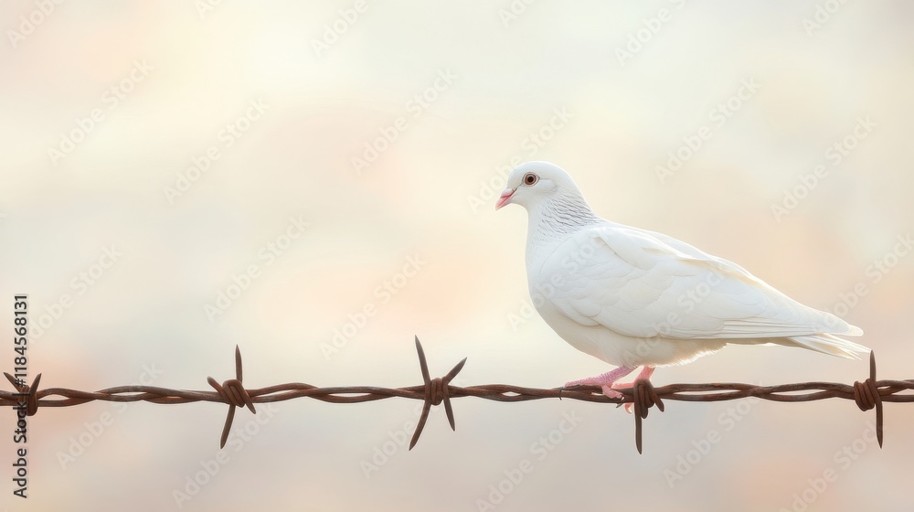 White Dove on Barbed Wire in Soft Natural Light White Dove on Barbed Wire in Soft Natural Light