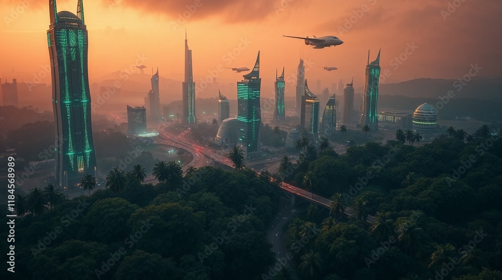 Obraz premium Futuristic city landscape. Skyscrapers surrounded with green forest. Space ships flying above urban setting