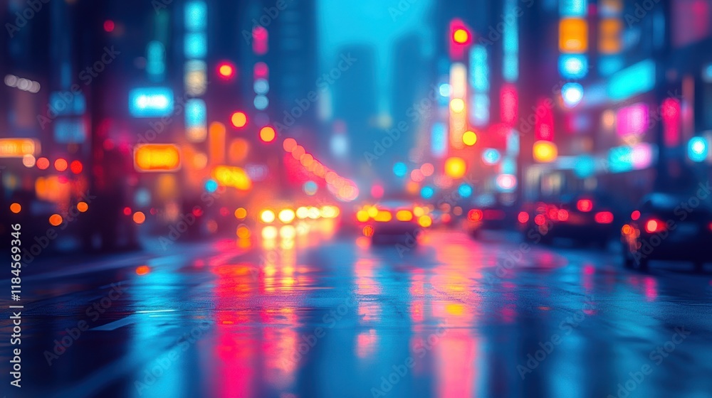 Fototapeta premium Blurry city street at night, rain reflecting vibrant neon lights.
