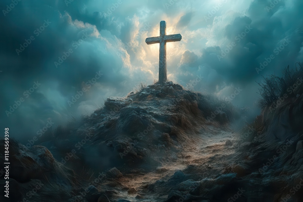 Naklejka premium dramatic religious artwork depicting ancient golgotha hillside with divine light breaking through storm clouds around sacred christian cross symbol
