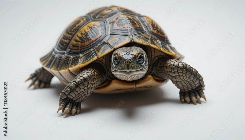 Obraz premium Close-up of a curious young tortoise against a white background.